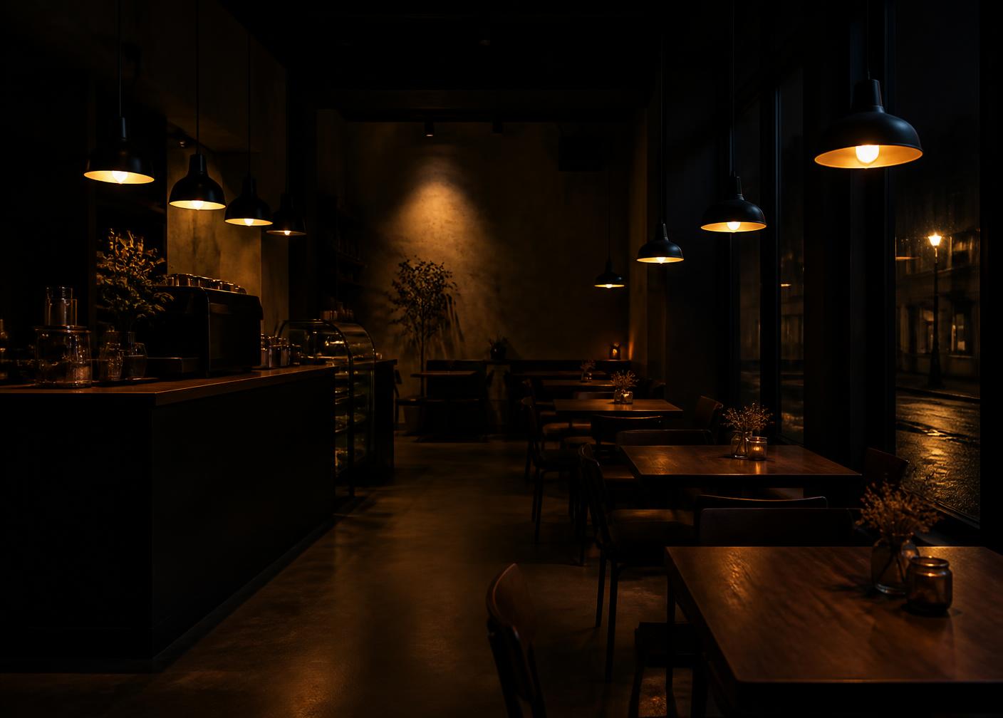 Café-Innenraum am Abend mit warmem Licht als Beispiel für Gewerbekunden