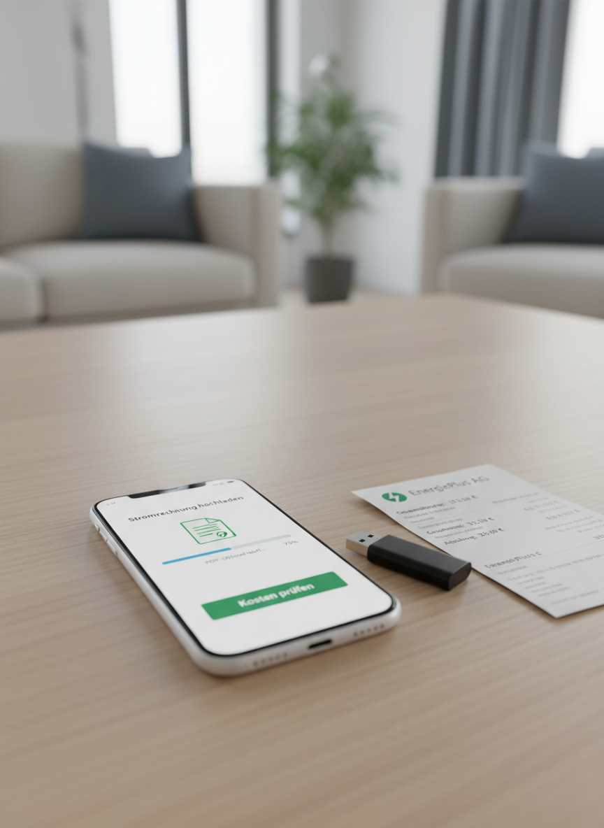 A close-up of a white smartphone lying on a smooth, light oak table, displaying a clean, modern app interface where an electricity bill PDF is being uploaded, with a clear progress bar and a prominent green ‘Kosten prüfen’ button. Next to the phone is a neatly folded electricity bill with visible euro amounts and a subtle logo, plus a compact, matte-black USB flash drive. The background shows a softly blurred, minimalist living room with muted colors. Natural, diffused afternoon light from the side creates soft reflections on the phone’s glass screen. Photographic realism, shallow depth of field, centered composition, creating a calm, efficient, and tech-savvy atmosphere focused on the upload action.